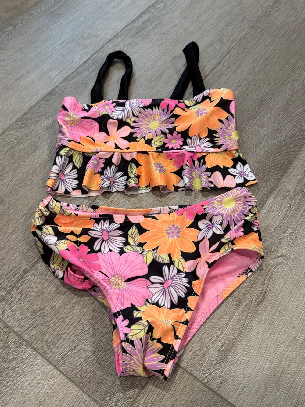 wonder nation Black Floral Two-Piece Swim Set with Pink & Orange Accents